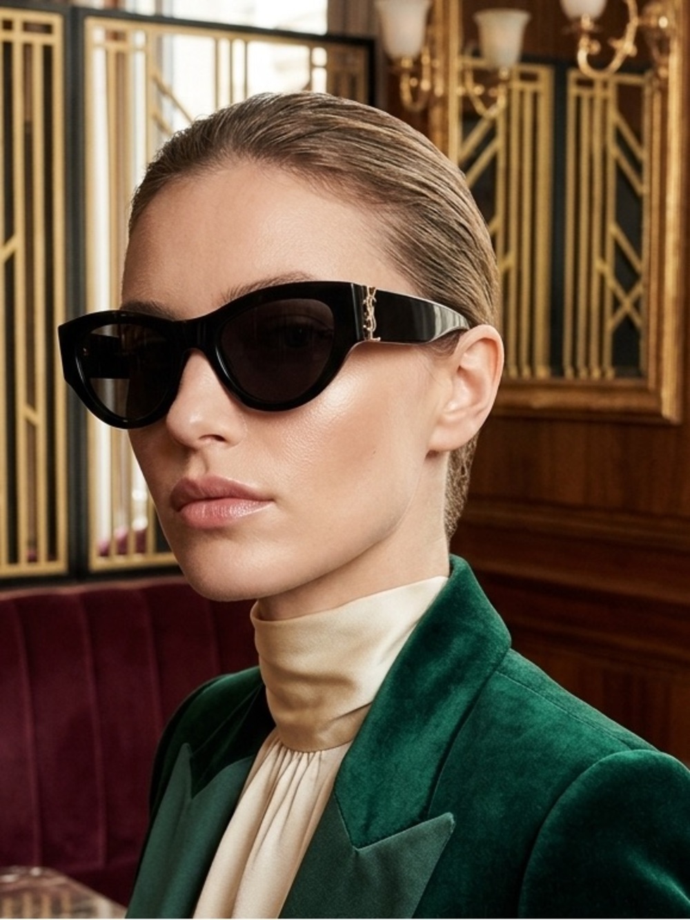 Saint Laurent Black Cat-Eye Sunglasses with RoseGold YSL Emblem